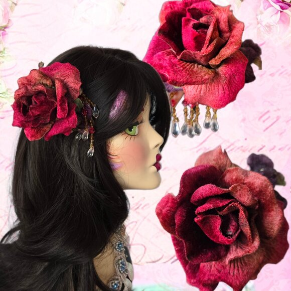 Accessories - Handmade Red Velvet Millinery Rose and Beaded Fringe Hair Comb 1920s-Style